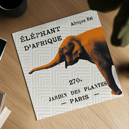 Bright Safari Elephant on Taupe by Sue Schlabach. Shown as a detailed flat fine art print, highlighting archival giclee quality. Available as an archival giclee rolled canvas, fine art paper, or poster print. SKU 44788a.