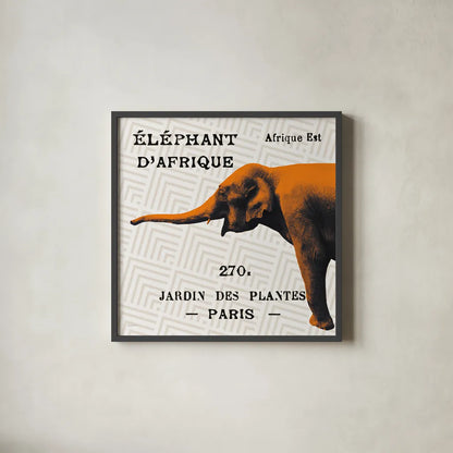 Bright Safari Elephant on Taupe by Sue Schlabach. Shown in a sleek black glass frame for a contemporary gallery look. Available as an archival giclee rolled canvas, fine art paper, or poster print. SKU 44788a.
