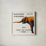 Bright Safari Elephant on Taupe by Sue Schlabach. Shown in a crisp white glass frame for a clean and minimalist style. Available as an archival giclee rolled canvas, fine art paper, or poster print. SKU 44788a.