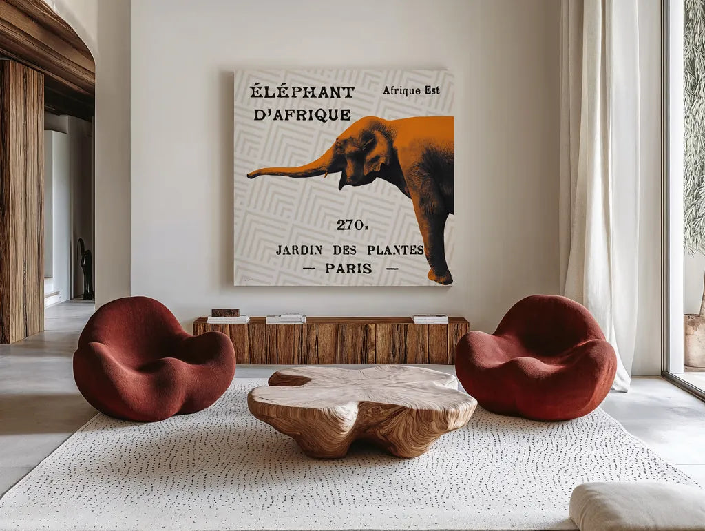 Bright Safari Elephant on Taupe by Sue Schlabach. Shown as extra-large giant wall art in a modern living room. Available as an archival giclee rolled canvas, fine art paper, or poster print. SKU 44788a.