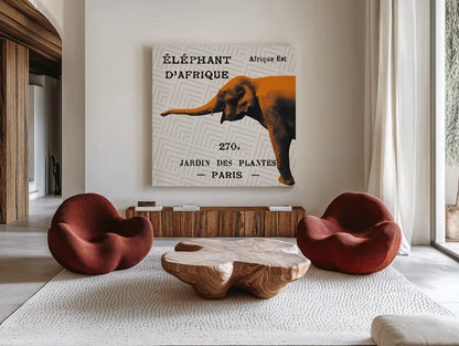 Bright Safari Elephant on Taupe by Sue Schlabach. Shown as extra-large giant wall art in a modern living room. Available as an archival giclee rolled canvas, fine art paper, or poster print. SKU 44788a.