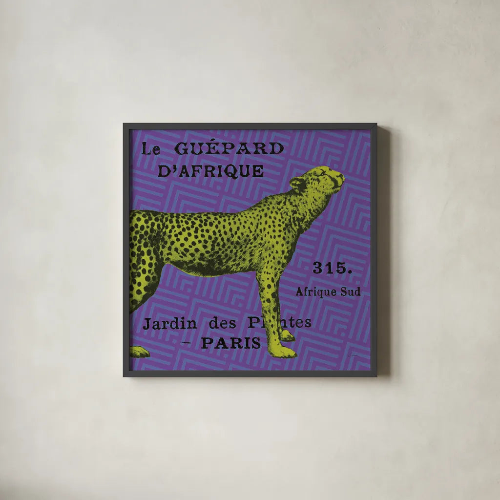 Bright Safari Leopard by Sue Schlabach. Shown in a sleek black glass frame for a contemporary gallery look. Available as an archival giclee rolled canvas, fine art paper, or poster print. SKU 18530a.