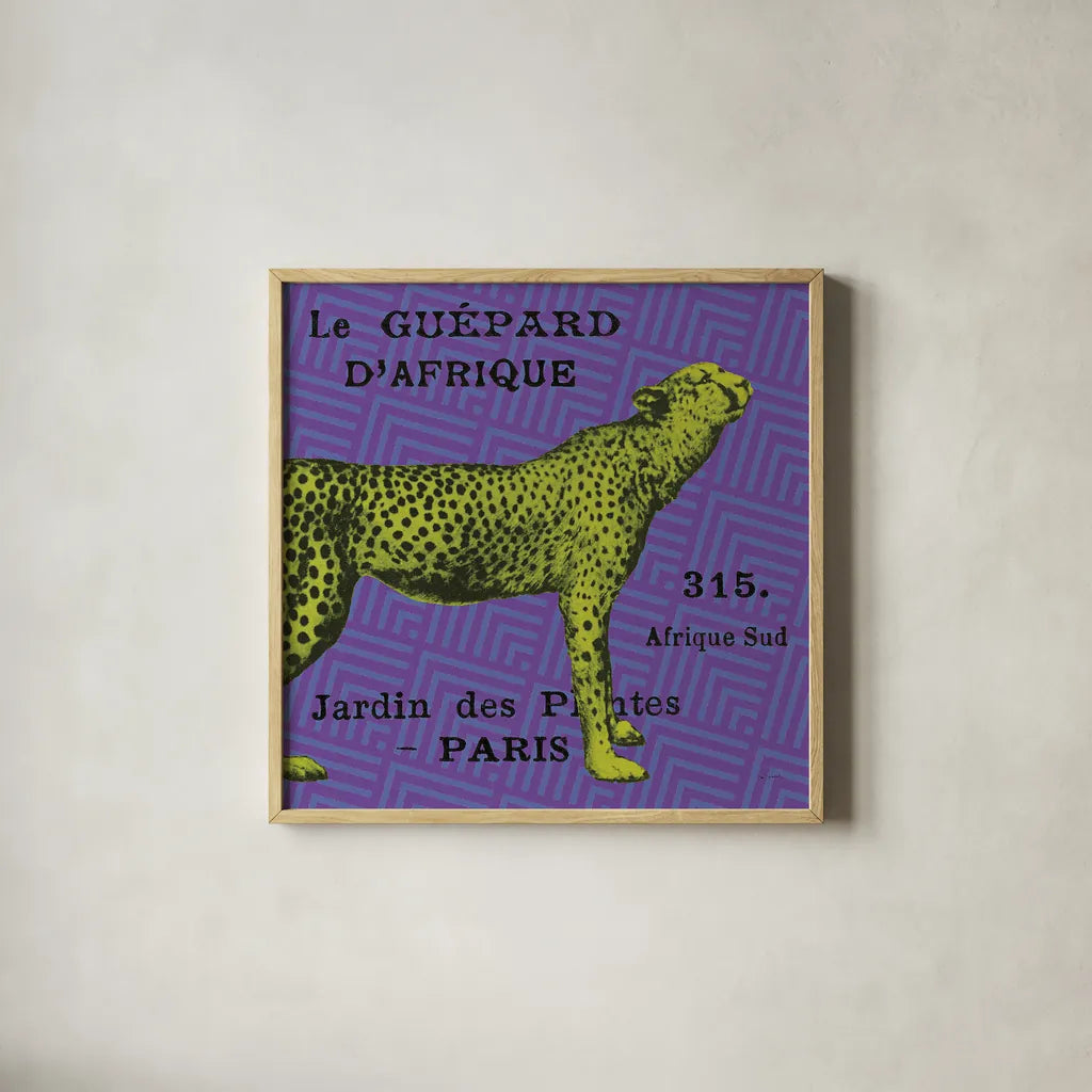 Bright Safari Leopard by Sue Schlabach. Shown in a natural wood glass frame for a timeless modern aesthetic. Available as an archival giclee rolled canvas, fine art paper, or poster print. SKU 18530a.