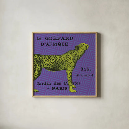 Bright Safari Leopard by Sue Schlabach. Shown in a natural wood glass frame for a timeless modern aesthetic. Available as an archival giclee rolled canvas, fine art paper, or poster print. SKU 18530a.