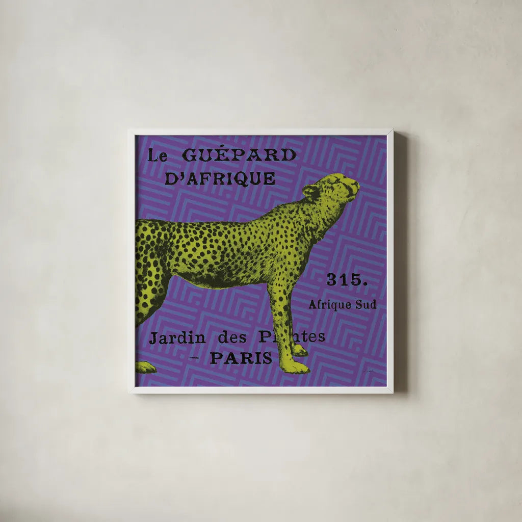 Bright Safari Leopard by Sue Schlabach. Shown in a crisp white glass frame for a clean and minimalist style. Available as an archival giclee rolled canvas, fine art paper, or poster print. SKU 18530a.