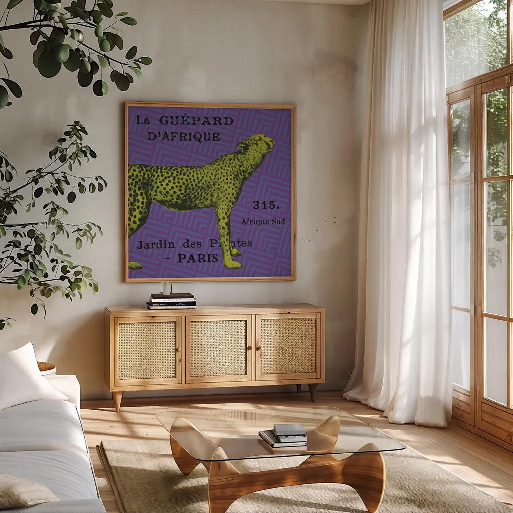 Bright Safari Leopard by Sue Schlabach. Shown in a natural wood frame in a cozy modern living room. Available as an archival giclee rolled canvas, fine art paper, or poster print. SKU 18530a.