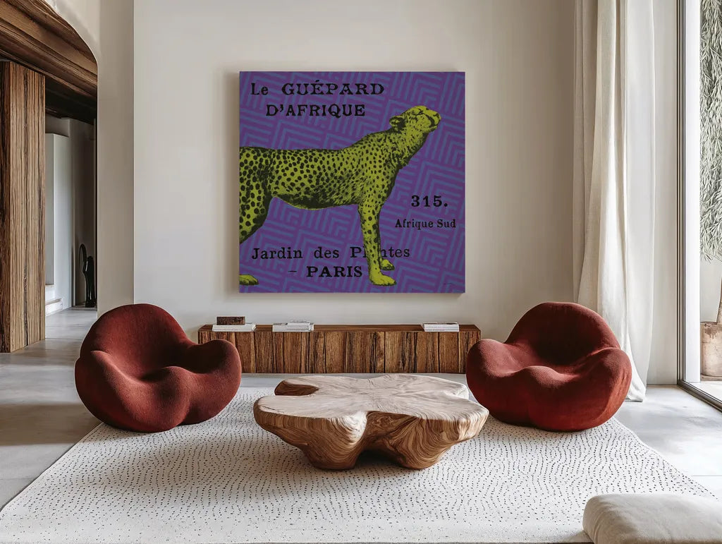 Bright Safari Leopard by Sue Schlabach. Shown as extra-large giant wall art in a modern living room. Available as an archival giclee rolled canvas, fine art paper, or poster print. SKU 18530a.