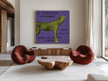 Bright Safari Leopard by Sue Schlabach. Shown as extra-large giant wall art in a modern living room. Available as an archival giclee rolled canvas, fine art paper, or poster print. SKU 18530a.