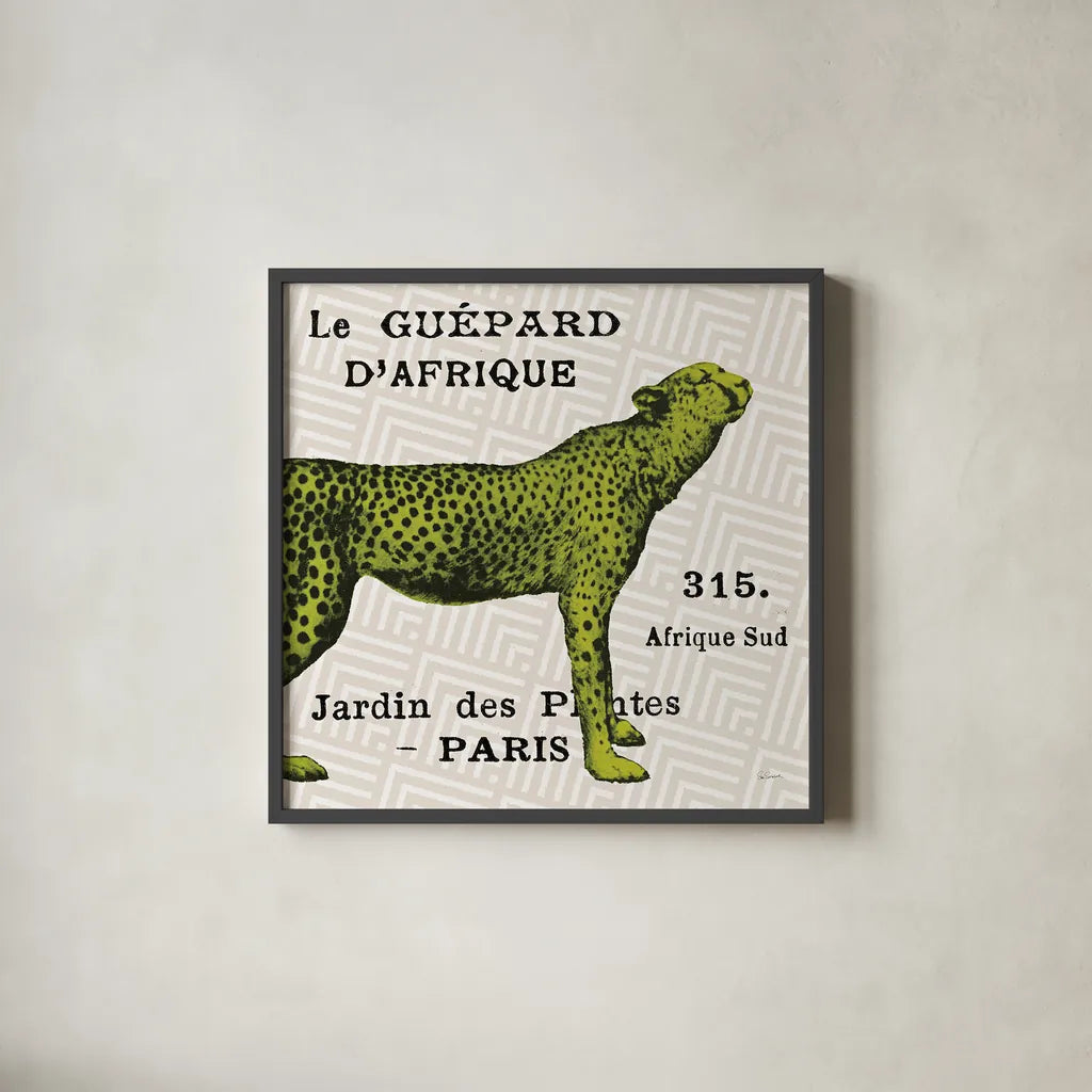 Bright Safari Leopard on Taupe by Sue Schlabach. Shown in a sleek black glass frame for a contemporary gallery look. Available as an archival giclee rolled canvas, fine art paper, or poster print. SKU 44789a.