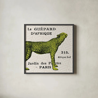 Bright Safari Leopard on Taupe by Sue Schlabach. Shown in a sleek black glass frame for a contemporary gallery look. Available as an archival giclee rolled canvas, fine art paper, or poster print. SKU 44789a.