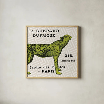 Bright Safari Leopard on Taupe by Sue Schlabach. Shown in a natural wood glass frame for a timeless modern aesthetic. Available as an archival giclee rolled canvas, fine art paper, or poster print. SKU 44789a.