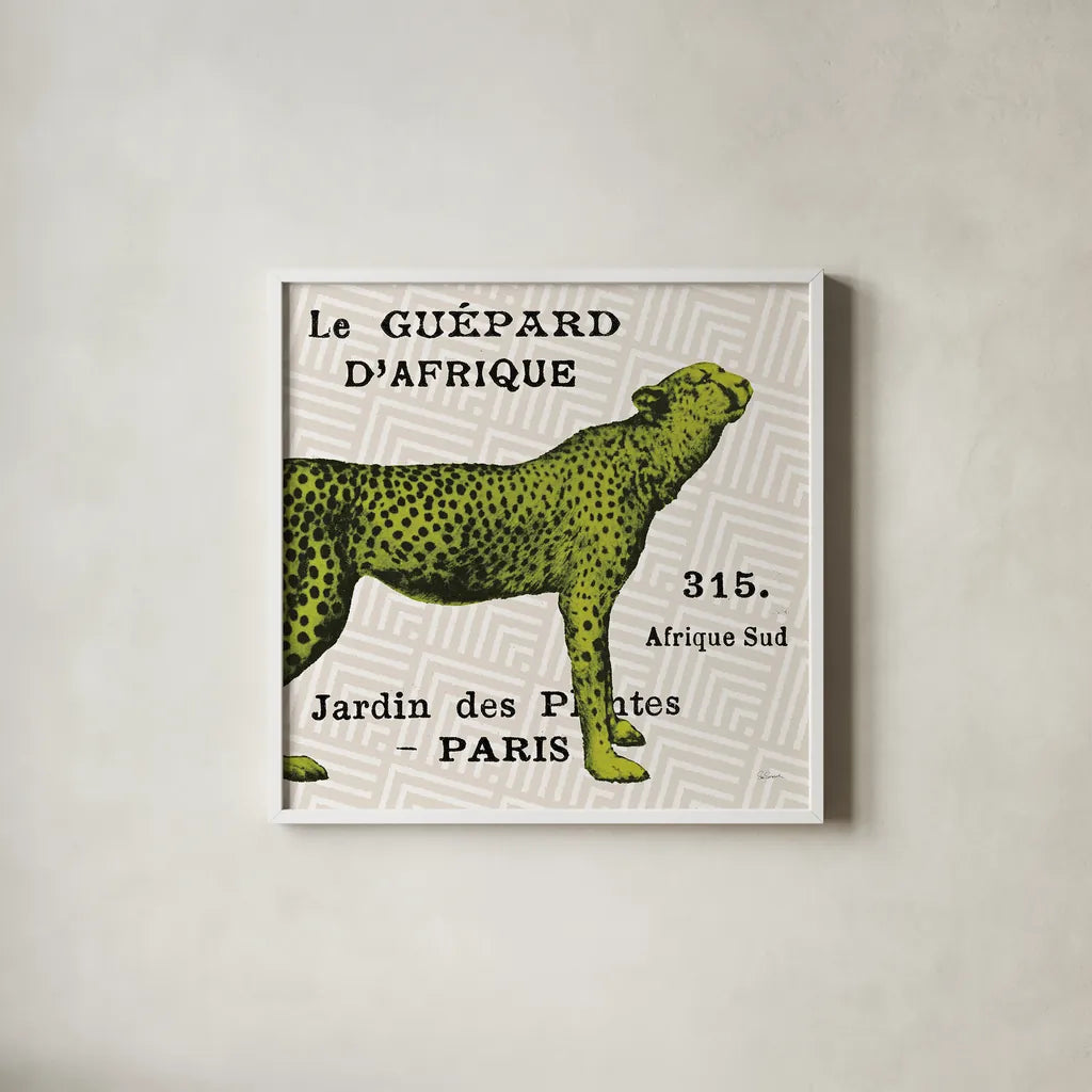 Bright Safari Leopard on Taupe by Sue Schlabach. Shown in a crisp white glass frame for a clean and minimalist style. Available as an archival giclee rolled canvas, fine art paper, or poster print. SKU 44789a.