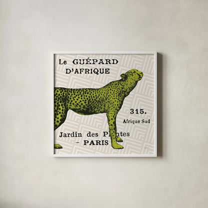 Bright Safari Leopard on Taupe by Sue Schlabach. Shown in a crisp white glass frame for a clean and minimalist style. Available as an archival giclee rolled canvas, fine art paper, or poster print. SKU 44789a.