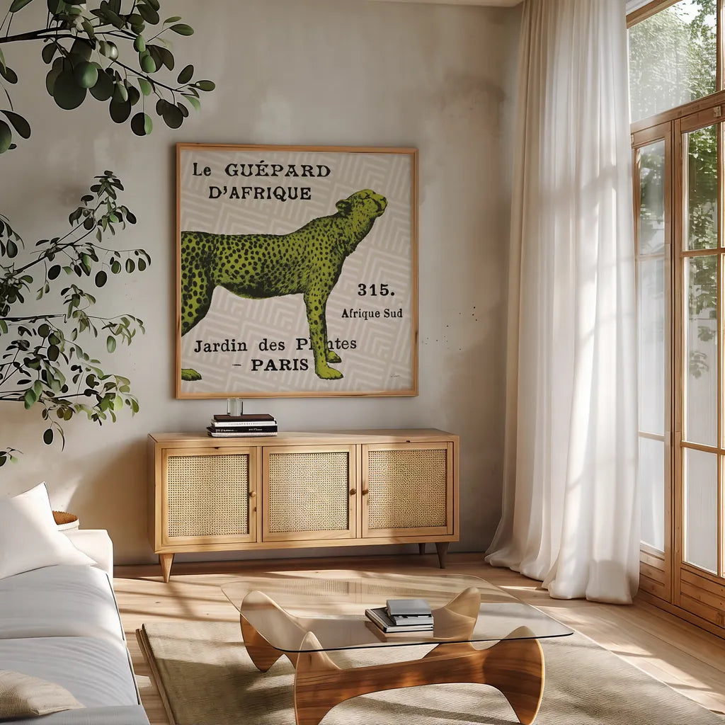 Bright Safari Leopard on Taupe by Sue Schlabach. Shown in a natural wood frame in a cozy modern living room. Available as an archival giclee rolled canvas, fine art paper, or poster print. SKU 44789a.