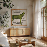 Bright Safari Leopard on Taupe by Sue Schlabach. Shown in a natural wood frame in a cozy modern living room. Available as an archival giclee rolled canvas, fine art paper, or poster print. SKU 44789a.