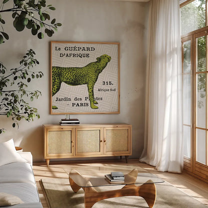 Bright Safari Leopard on Taupe by Sue Schlabach. Shown in a natural wood frame in a cozy modern living room. Available as an archival giclee rolled canvas, fine art paper, or poster print. SKU 44789a.