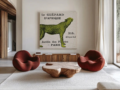 Bright Safari Leopard on Taupe by Sue Schlabach. Shown as extra-large giant wall art in a modern living room. Available as an archival giclee rolled canvas, fine art paper, or poster print. SKU 44789a.