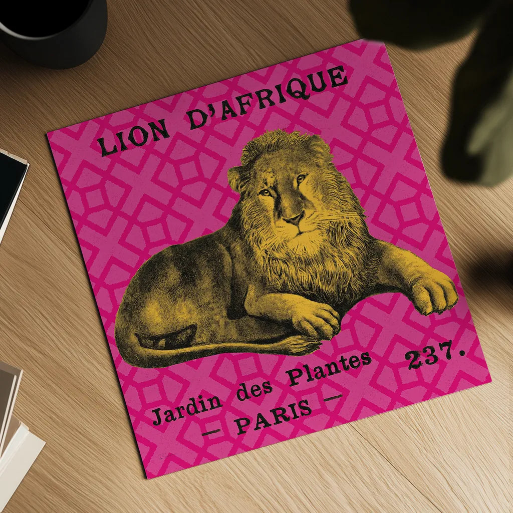 Bright Safari Lion by Sue Schlabach. Shown as a detailed flat fine art print, highlighting archival giclee quality. Available as an archival giclee rolled canvas, fine art paper, or poster print. SKU 18529a.