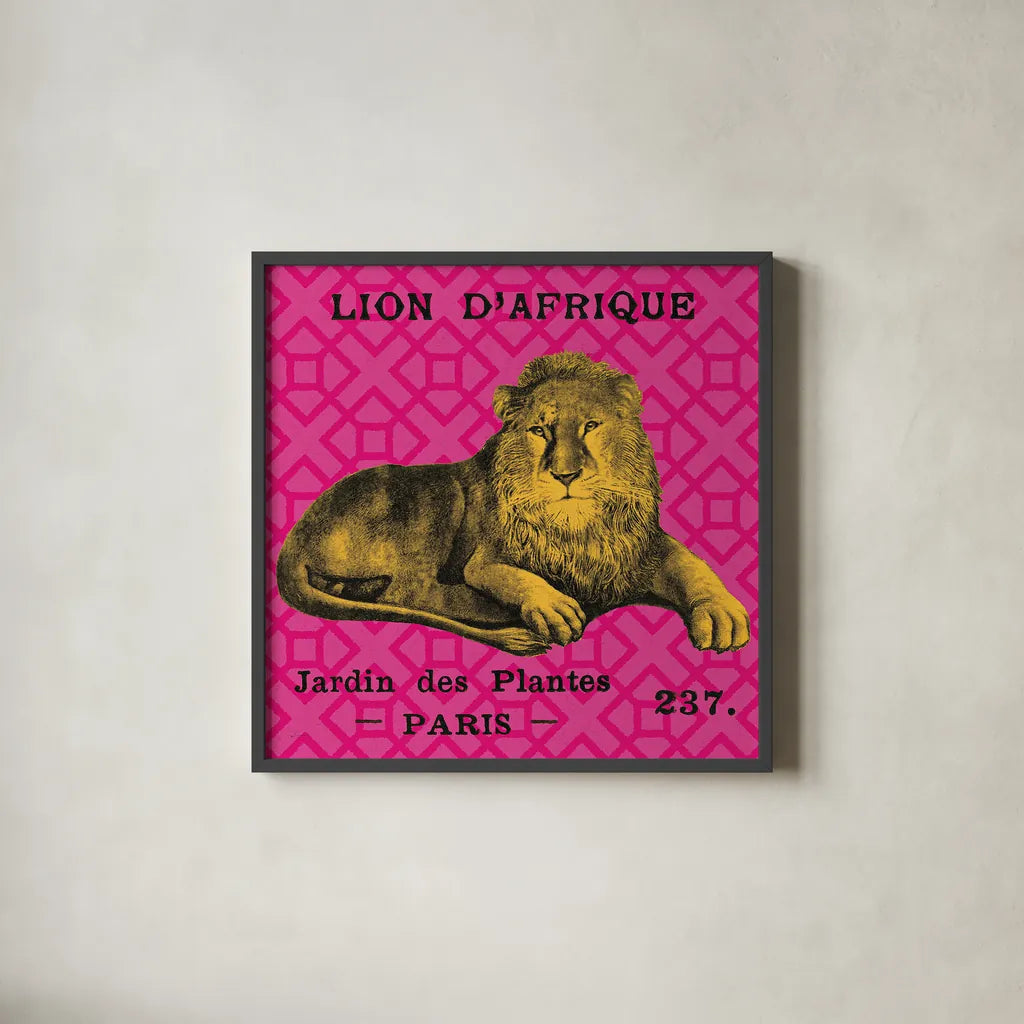 Bright Safari Lion by Sue Schlabach. Shown in a sleek black glass frame for a contemporary gallery look. Available as an archival giclee rolled canvas, fine art paper, or poster print. SKU 18529a.