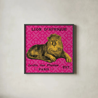 Bright Safari Lion by Sue Schlabach. Shown in a sleek black glass frame for a contemporary gallery look. Available as an archival giclee rolled canvas, fine art paper, or poster print. SKU 18529a.