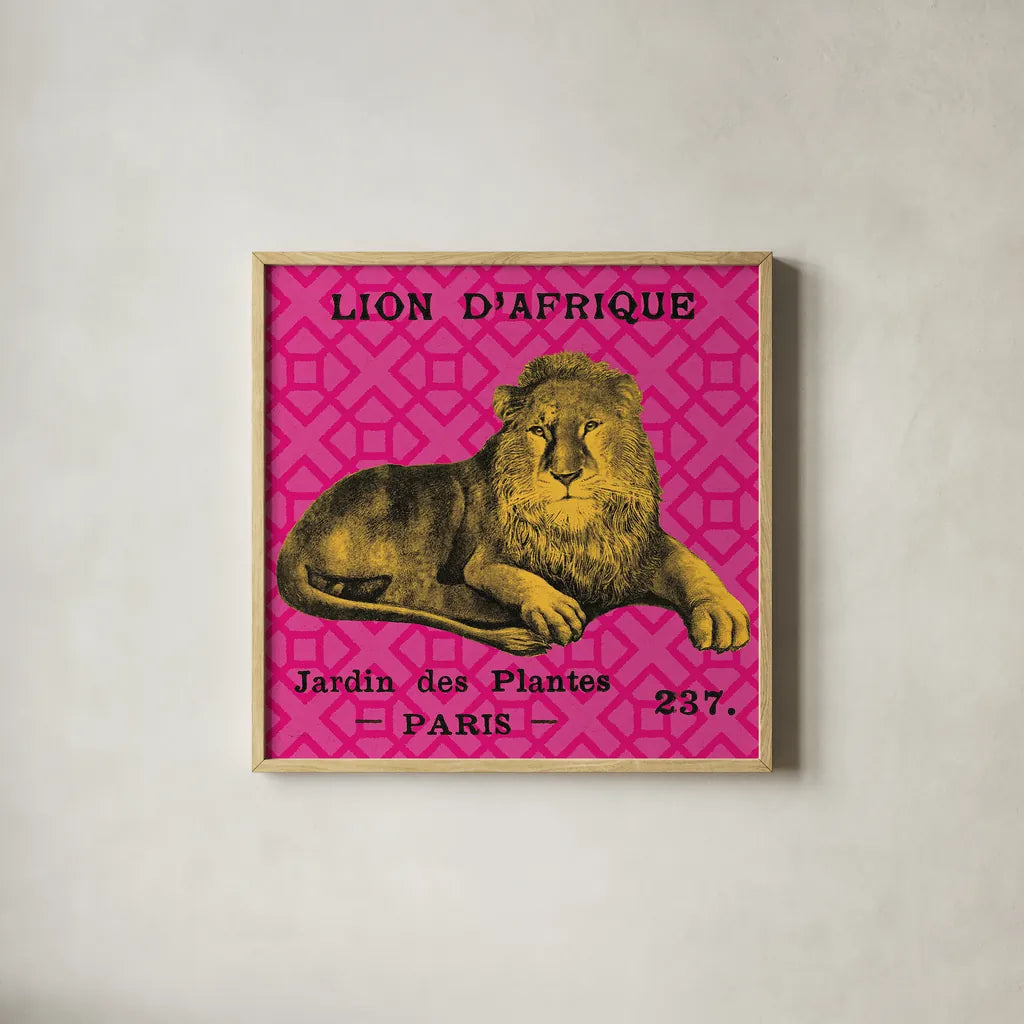 Bright Safari Lion by Sue Schlabach. Shown in a natural wood glass frame for a timeless modern aesthetic. Available as an archival giclee rolled canvas, fine art paper, or poster print. SKU 18529a.