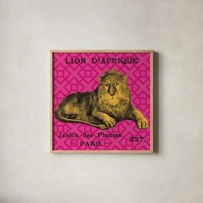 Bright Safari Lion by Sue Schlabach. Shown in a natural wood glass frame for a timeless modern aesthetic. Available as an archival giclee rolled canvas, fine art paper, or poster print. SKU 18529a.