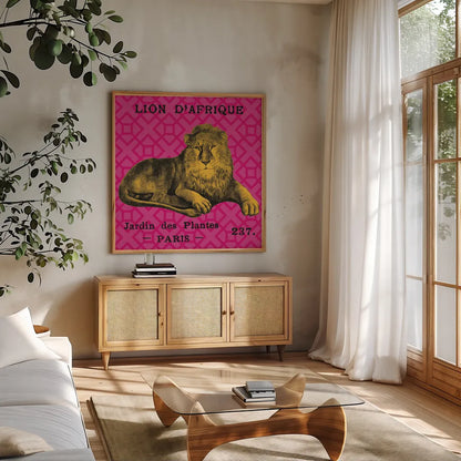 Bright Safari Lion by Sue Schlabach. Shown in a natural wood frame in a cozy modern living room. Available as an archival giclee rolled canvas, fine art paper, or poster print. SKU 18529a.