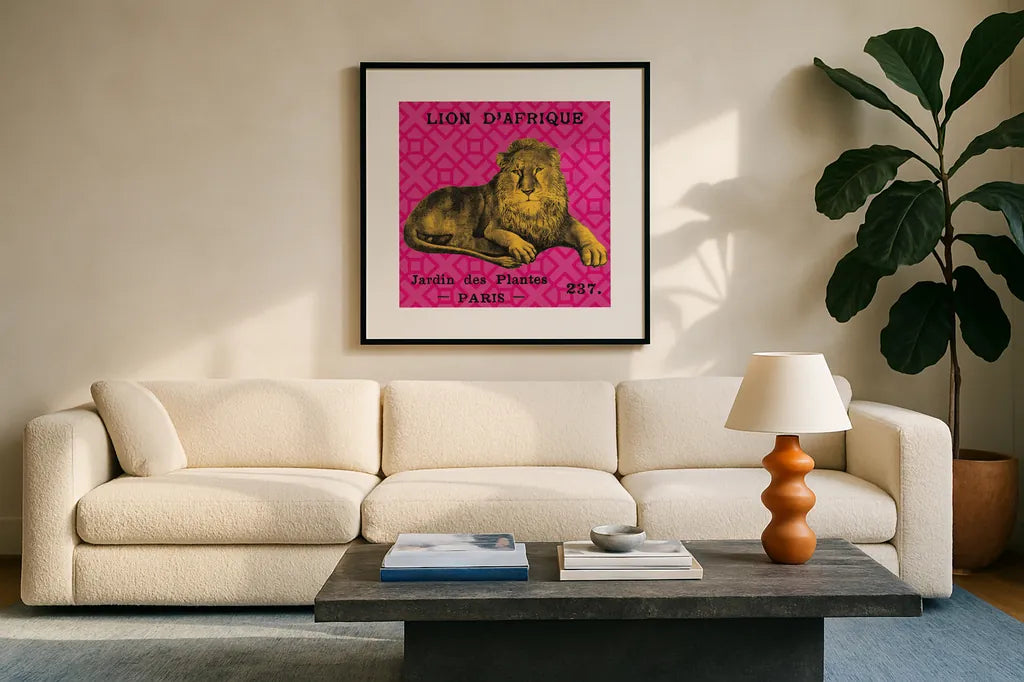 Bright Safari Lion by Sue Schlabach. Displayed in a glass frame with matte in a clean modern living room. Available as an archival giclee rolled canvas, fine art paper, or poster print. SKU 18529a.