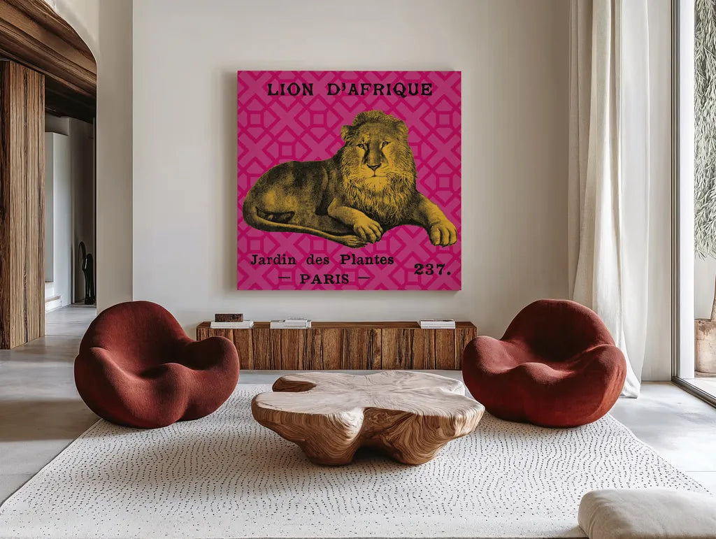 Bright Safari Lion by Sue Schlabach. Shown as extra-large giant wall art in a modern living room. Available as an archival giclee rolled canvas, fine art paper, or poster print. SKU 18529a.