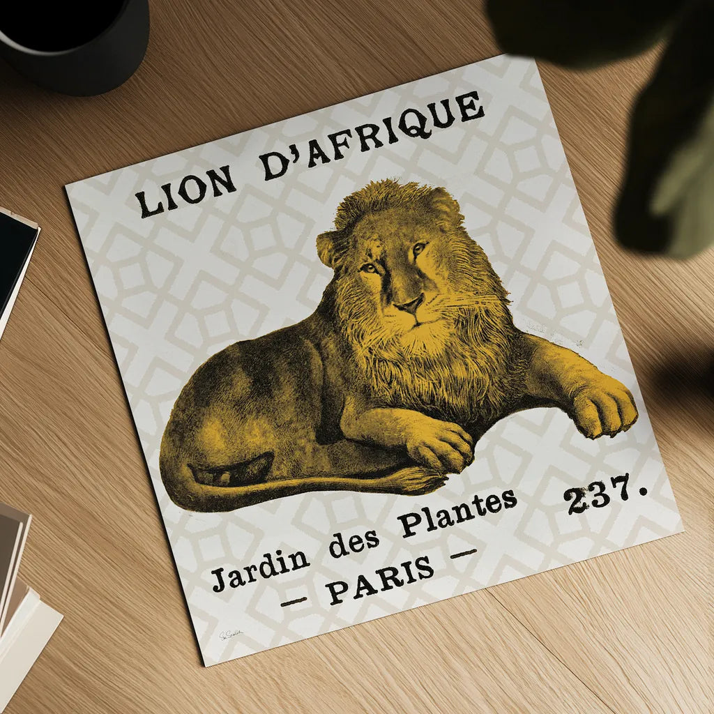 Bright Safari Lion on Taupe by Sue Schlabach. Shown as a detailed flat fine art print, highlighting archival giclee quality. Available as an archival giclee rolled canvas, fine art paper, or poster print. SKU 44790a.