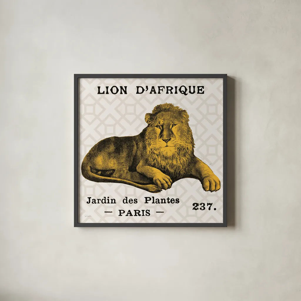 Bright Safari Lion on Taupe by Sue Schlabach. Shown in a sleek black glass frame for a contemporary gallery look. Available as an archival giclee rolled canvas, fine art paper, or poster print. SKU 44790a.