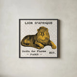 Bright Safari Lion on Taupe by Sue Schlabach. Shown in a sleek black glass frame for a contemporary gallery look. Available as an archival giclee rolled canvas, fine art paper, or poster print. SKU 44790a.