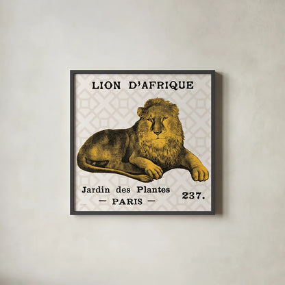 Bright Safari Lion on Taupe by Sue Schlabach. Shown in a sleek black glass frame for a contemporary gallery look. Available as an archival giclee rolled canvas, fine art paper, or poster print. SKU 44790a.