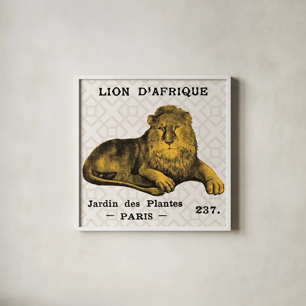 Bright Safari Lion on Taupe by Sue Schlabach. Shown in a crisp white glass frame for a clean and minimalist style. Available as an archival giclee rolled canvas, fine art paper, or poster print. SKU 44790a.