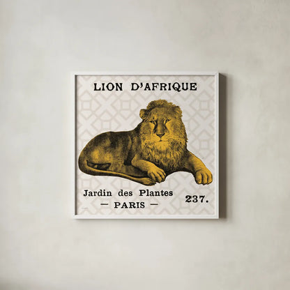 Bright Safari Lion on Taupe by Sue Schlabach. Shown in a crisp white glass frame for a clean and minimalist style. Available as an archival giclee rolled canvas, fine art paper, or poster print. SKU 44790a.