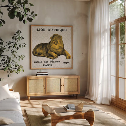 Bright Safari Lion on Taupe by Sue Schlabach. Shown in a natural wood frame in a cozy modern living room. Available as an archival giclee rolled canvas, fine art paper, or poster print. SKU 44790a.