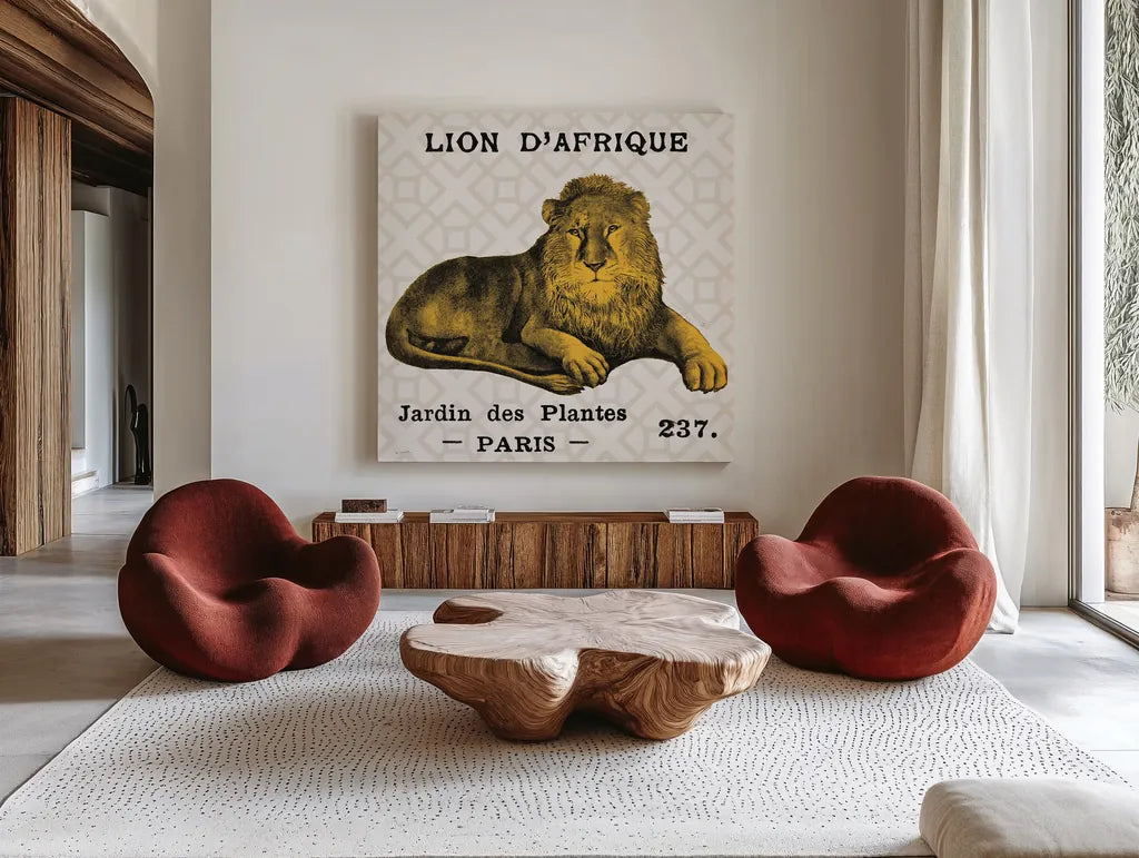 Bright Safari Lion on Taupe by Sue Schlabach. Shown as extra-large giant wall art in a modern living room. Available as an archival giclee rolled canvas, fine art paper, or poster print. SKU 44790a.