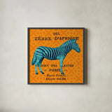 Bright Safari Zebra by Sue Schlabach. Shown in a sleek black glass frame for a contemporary gallery look. Available as an archival giclee rolled canvas, fine art paper, or poster print. SKU 18527a.