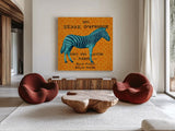 Bright Safari Zebra by Sue Schlabach. Shown as extra-large giant wall art in a modern living room. Available as an archival giclee rolled canvas, fine art paper, or poster print. SKU 18527a.