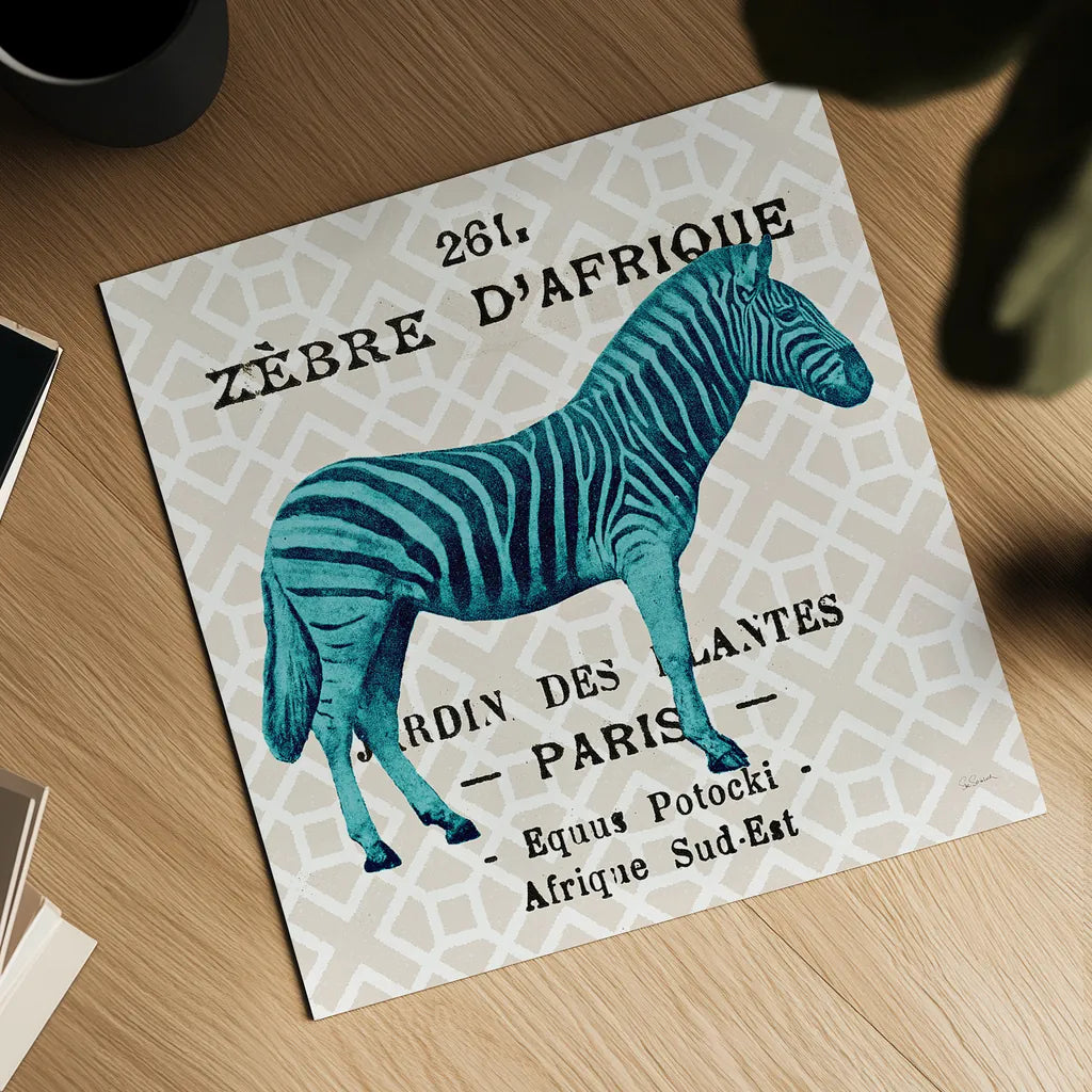 Bright Safari Zebra on Taupe by Sue Schlabach. Shown as a detailed flat fine art print, highlighting archival giclee quality. Available as an archival giclee rolled canvas, fine art paper, or poster print. SKU 44791a.