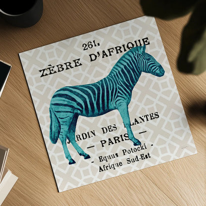 Bright Safari Zebra on Taupe by Sue Schlabach. Shown as a detailed flat fine art print, highlighting archival giclee quality. Available as an archival giclee rolled canvas, fine art paper, or poster print. SKU 44791a.