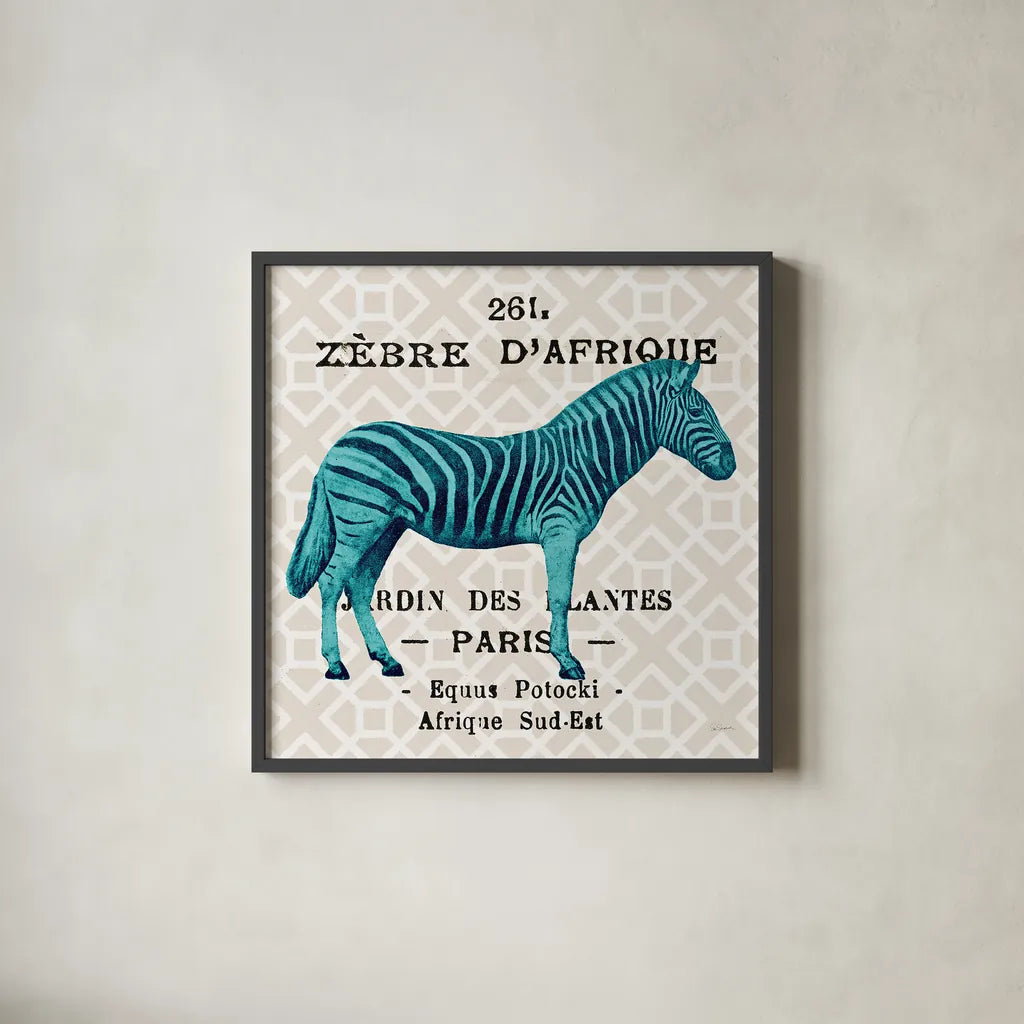 Bright Safari Zebra on Taupe by Sue Schlabach. Shown in a sleek black glass frame for a contemporary gallery look. Available as an archival giclee rolled canvas, fine art paper, or poster print. SKU 44791a.