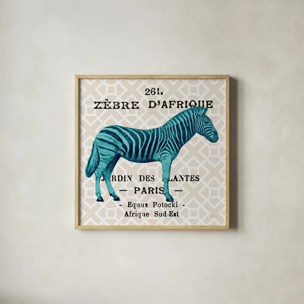 Bright Safari Zebra on Taupe by Sue Schlabach. Shown in a natural wood glass frame for a timeless modern aesthetic. Available as an archival giclee rolled canvas, fine art paper, or poster print. SKU 44791a.