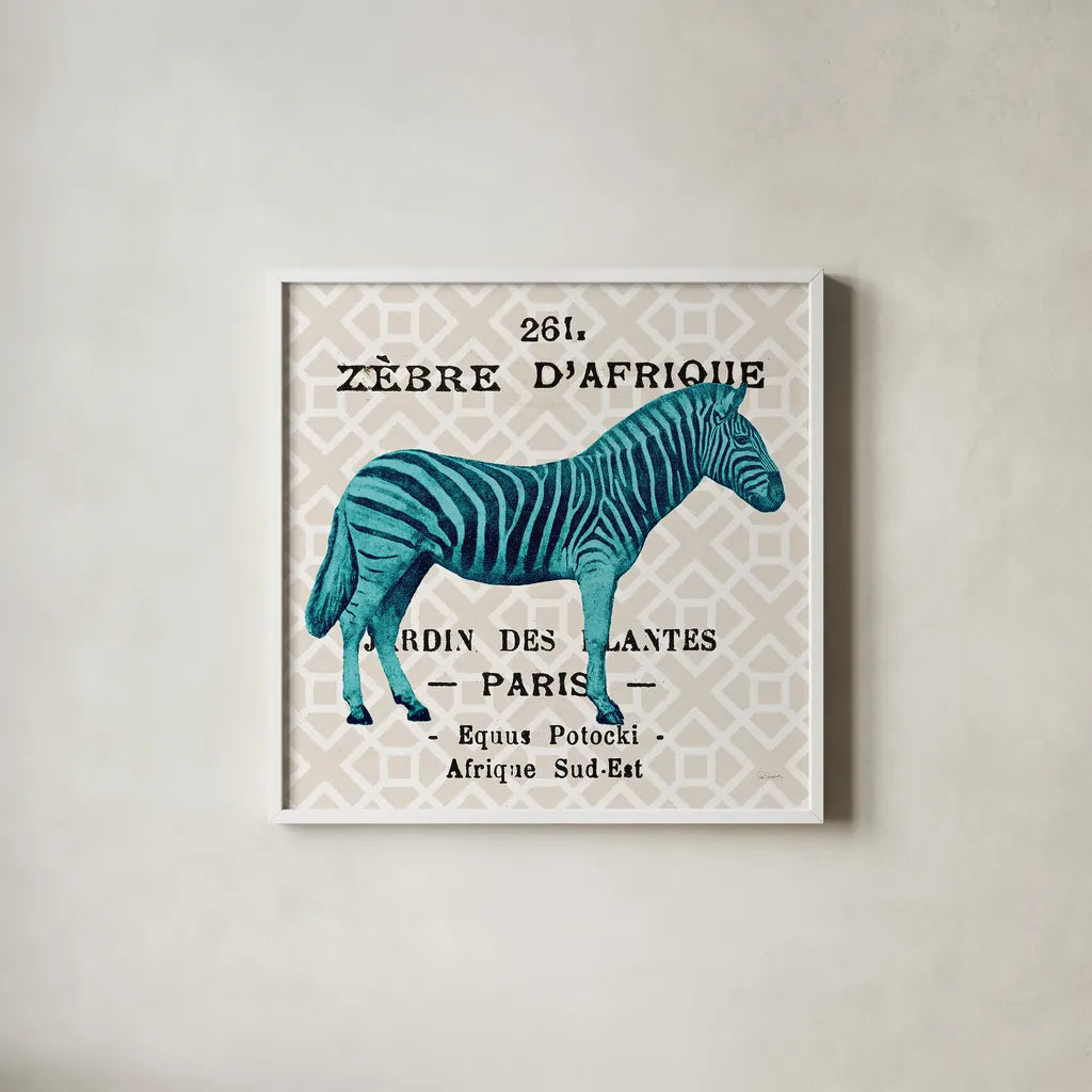 Bright Safari Zebra on Taupe by Sue Schlabach. Shown in a crisp white glass frame for a clean and minimalist style. Available as an archival giclee rolled canvas, fine art paper, or poster print. SKU 44791a.