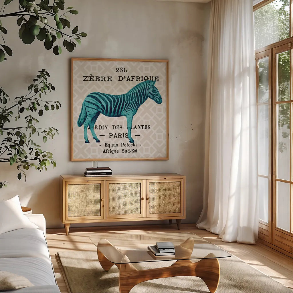 Bright Safari Zebra on Taupe by Sue Schlabach. Shown in a natural wood frame in a cozy modern living room. Available as an archival giclee rolled canvas, fine art paper, or poster print. SKU 44791a.