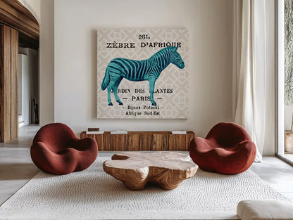 Bright Safari Zebra on Taupe by Sue Schlabach. Shown as extra-large giant wall art in a modern living room. Available as an archival giclee rolled canvas, fine art paper, or poster print. SKU 44791a.