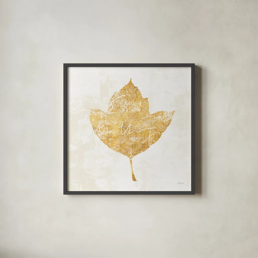 Bronzed Leaf I by Sue Schlabach. Shown in a sleek black glass frame for a contemporary gallery look. Available as an archival giclee rolled canvas, fine art paper, or poster print. SKU 21195a.