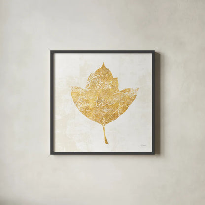 Bronzed Leaf I by Sue Schlabach. Shown in a sleek black glass frame for a contemporary gallery look. Available as an archival giclee rolled canvas, fine art paper, or poster print. SKU 21195a.