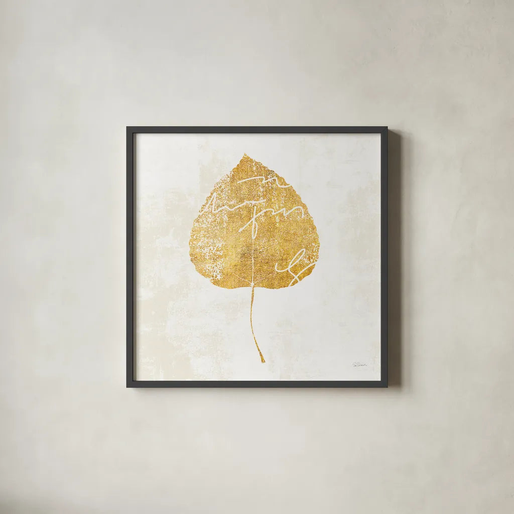 Bronzed Leaf II by Sue Schlabach. Shown in a sleek black glass frame for a contemporary gallery look. Available as an archival giclee rolled canvas, fine art paper, or poster print. SKU 21196a.