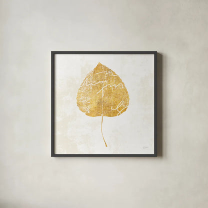 Bronzed Leaf II by Sue Schlabach. Shown in a sleek black glass frame for a contemporary gallery look. Available as an archival giclee rolled canvas, fine art paper, or poster print. SKU 21196a.